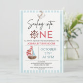 Invitation Bateau à voile bleu clair naviguant dans un 1er an (Debout devant)