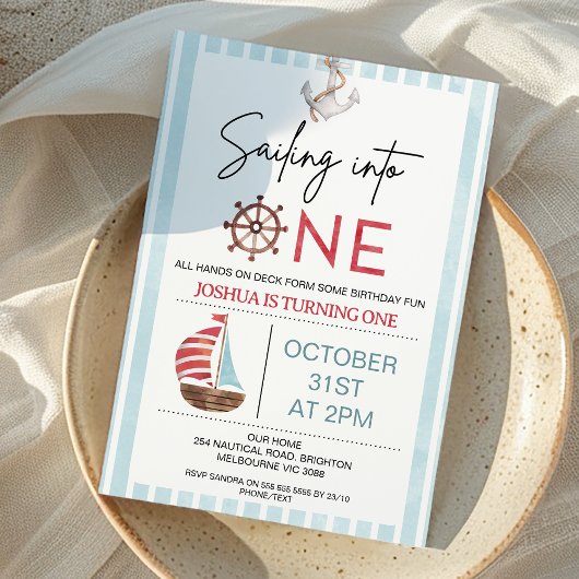 Invitation Bateau à voile bleu clair naviguant dans un 1er an