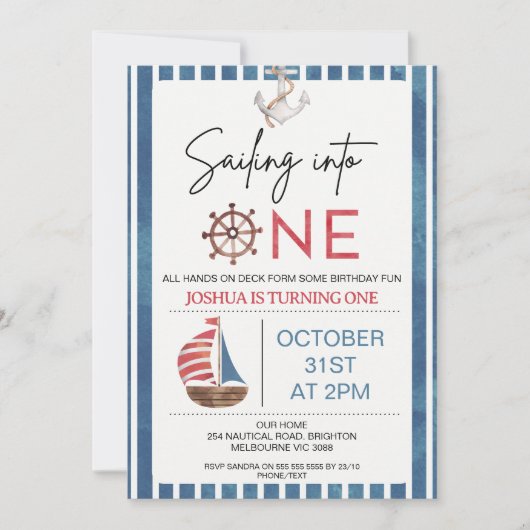 Invitation Bateau à voile bleu marine naviguant dans un 1er a (Devant)