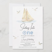 Invitation Bateau À Voile Bleu Naviguant Dans Un 1er Annivers (Devant)