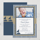 Invitation Bateau à voile et rayures Baptême nautique rustiqu (Devant / Derrière)
