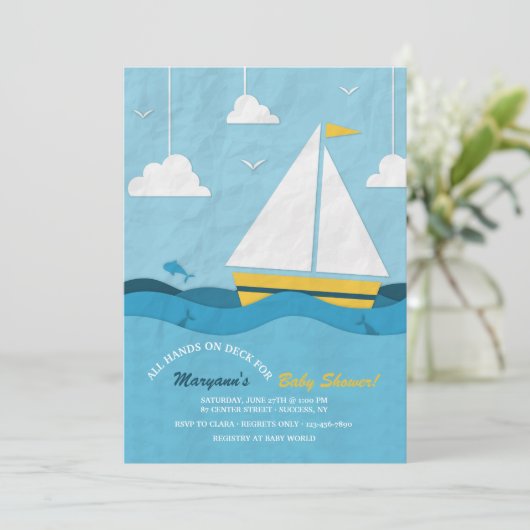 Invitation bateau à voile jaune (Debout devant)