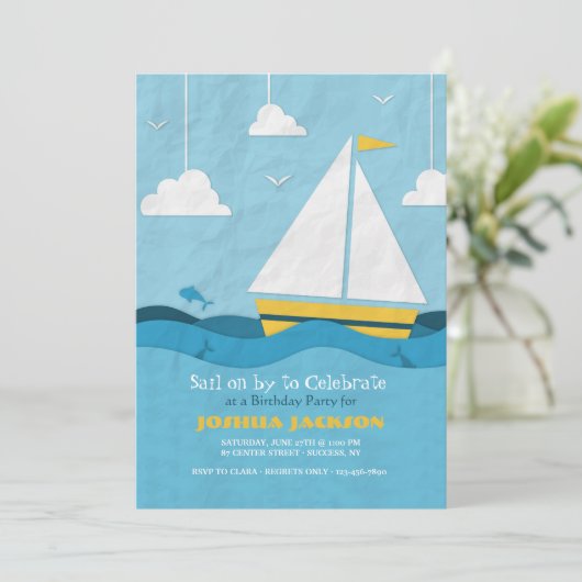 Invitation bateau à voile jaune #2 (Debout devant)