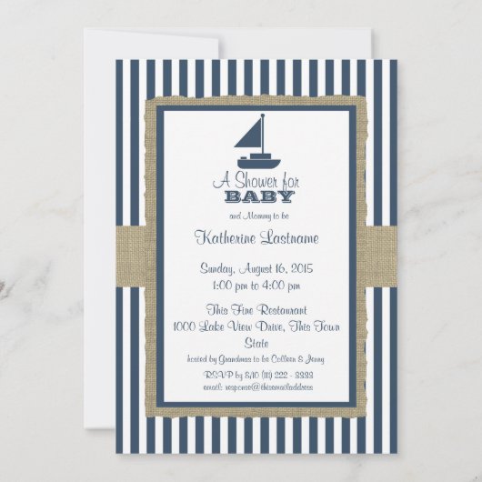 Invitation Bateau à voile Marine Blue Stripes Baby shower (Dos)