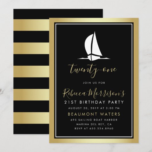 Invitation Bateau à voile noir & blanc en or officiel Anniver (Devant / Derrière)