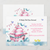 Invitation Bateau à voile rose blanc bébé fille douche Invita (Devant / Derrière)