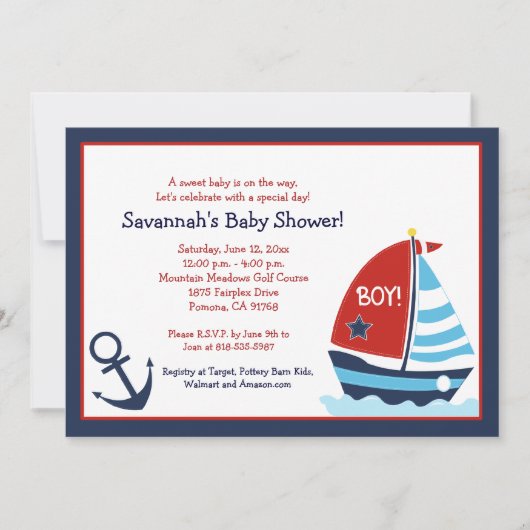 Invitation Bateau à voile rouge et bleu 5x7 Baby shower Invit (Devant)