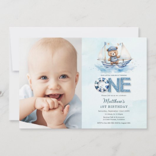 Invitation Bateau bleu marine Teddy Bear 1er Anniversaire Pho (Devant)
