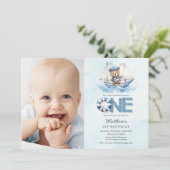 Invitation Bateau bleu marine Teddy Bear 1er Anniversaire Pho (Debout devant)