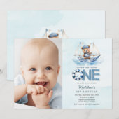 Invitation Bateau bleu marine Teddy Bear 1er Anniversaire Pho (Devant / Derrière)