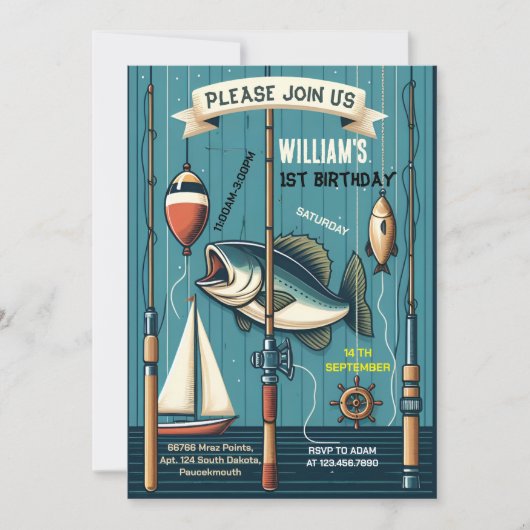 Invitation bateau bleu mignon garçon Poisson principalement u (Devant)