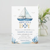 Invitation Bateau bleu nautique Ahoy C'est un Baby shower gar (Debout devant)