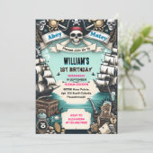 Invitation Bateau Cool Drapeau Bateau Pirate 1er anniversaire (Debout devant)