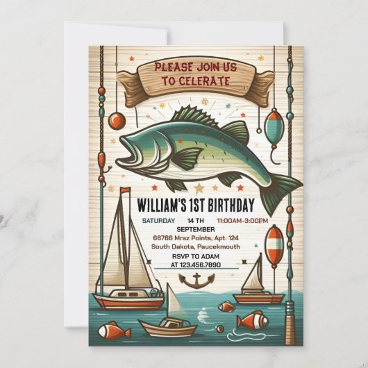 Invitation Bateau cool mignon garçon Poisson d'un 1er anniver (Devant)