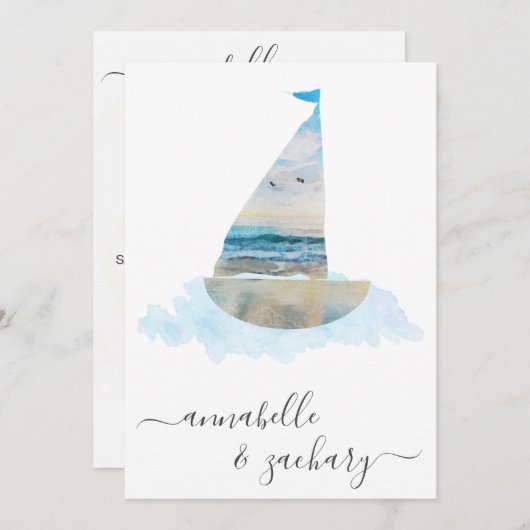 Invitation *~* BATEAU Mer RSVP + QR Beach AR7 Mariage (Devant / Derrière)