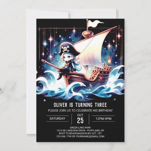 Invitation Bateau Moderne Pirate Anniversaire (Devant)