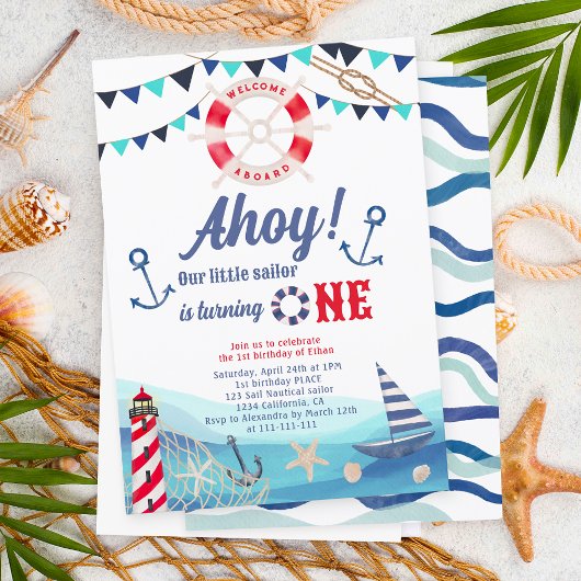 Invitation Bateau nautique Ahoy bleu rouge 1er anniversaire