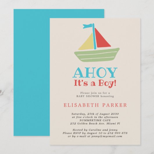 Invitation Bateau nautique Ahoy C'est un garçon baby shower c (Devant / Derrière)