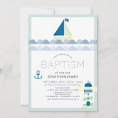 Invitation Bateau nautique et phare Blue Boy Baptême (Devant)