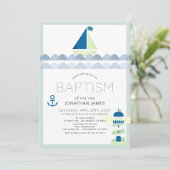 Invitation Bateau nautique et phare Blue Boy Baptême (Debout devant)