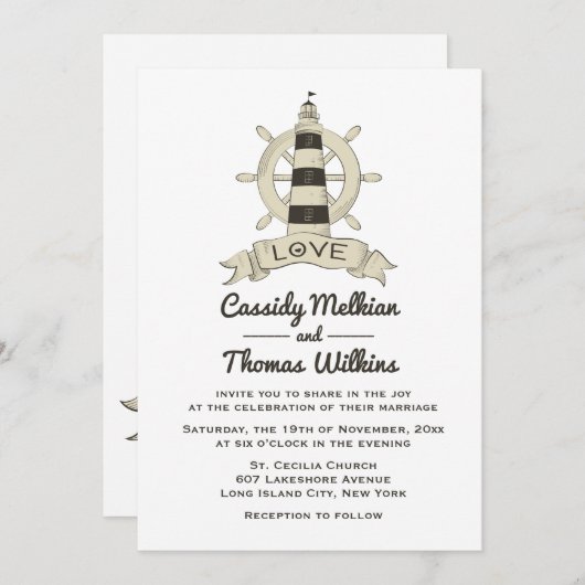 Invitation Bateau nautique phare de roue Mariage Tan (Devant / Derrière)