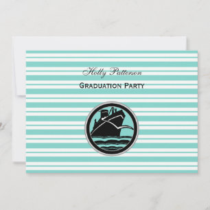 Invitation Bateau nautique rayure bleue blanche Lt H diplômé