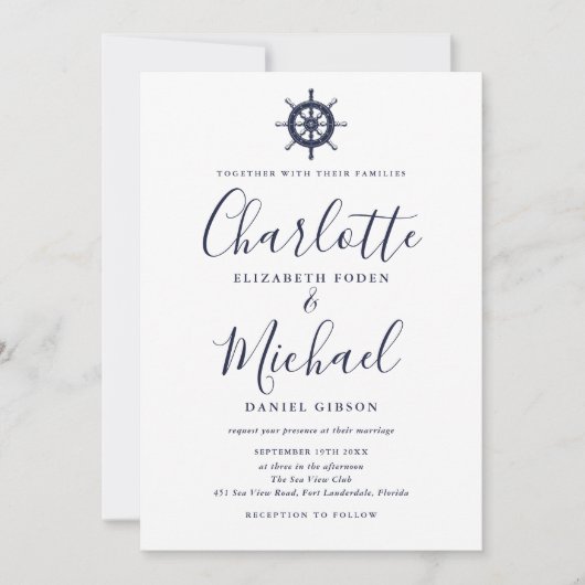 Invitation Bateau nautique Roue Marine Mariage de script bleu (Devant)
