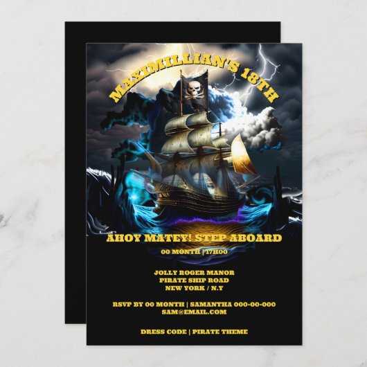 Invitation Bateau pirate Jolly roger drapeau de nuit tempête (Devant / Derrière)