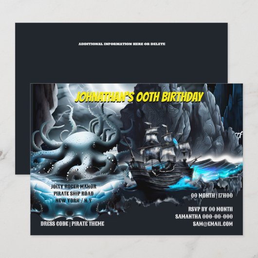 Invitation Bateau pirate kraken tempétueux nuit mer thème éff (Devant / Derrière)