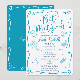 Invitation Bath Mitzvah Bleu Dessins à Main Doodles Nom Hébre