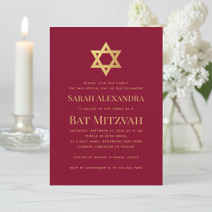 Invitation Bath Mitzvah Étoile de David Simple Rouge Bourgogn