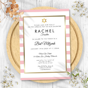 Invitation Bath Mitzvah Rose Blanc Rayure Or Étoile de David
