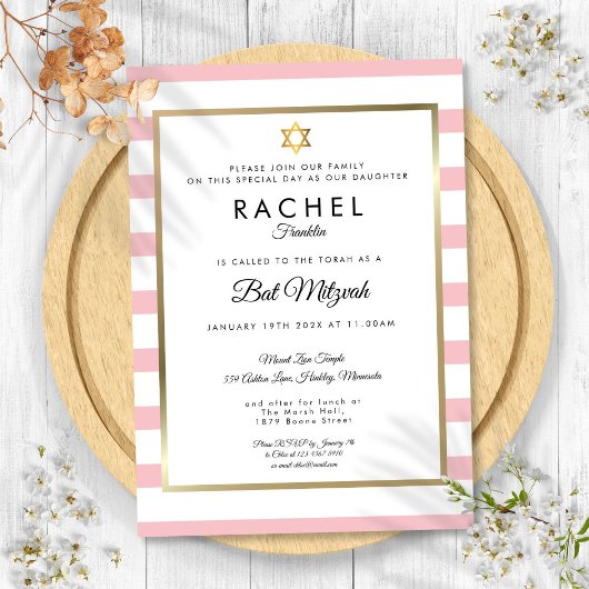 Invitation Bath Mitzvah Rose Blanc Rayure Or Étoile de David