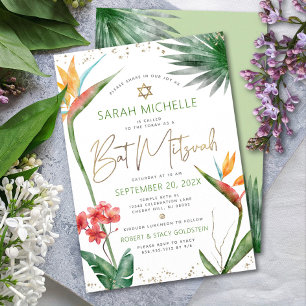 Invitation Batik de Mitzvah Fleurs Tropicales Aquarelle Écrit