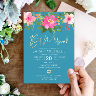Invitation Batik Mitzvah Bleu Aquarelle Florale Or Script