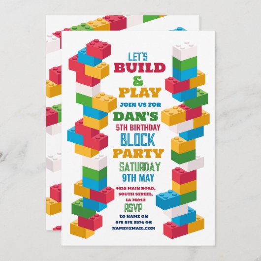 Invitation Bâtiment Anniversaire Blocs de construction (Devant / Derrière)