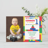 Invitation Bâtiment bloc 1er anniversaire fête Colorée brique (Debout devant)