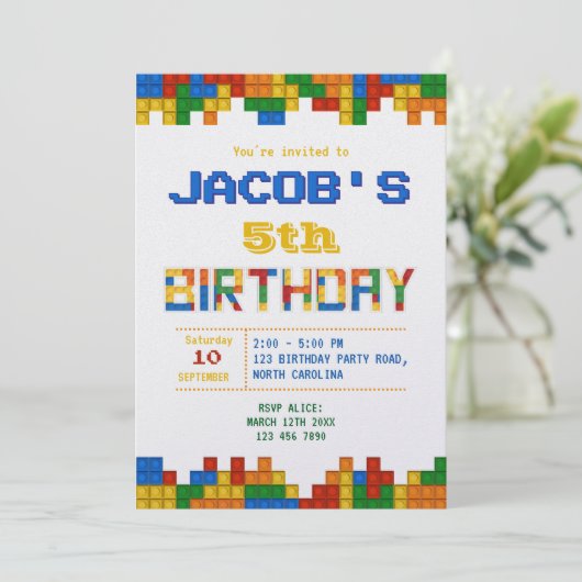 Invitation Bâtiment Blocks Boy Anniversaire de fête Invitatio (Debout devant)