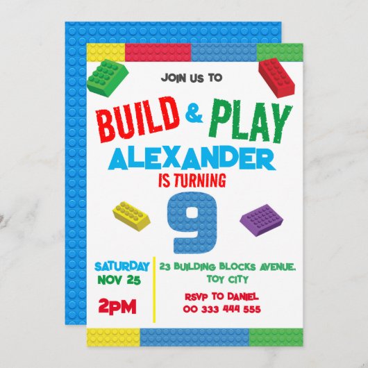 Invitation Bâtiment Blocks Garçon 9e Jouet d'anniversaire (Devant / Derrière)