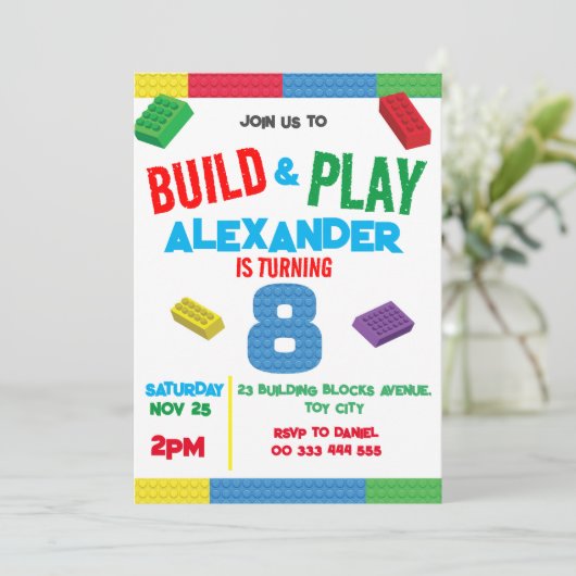 Invitation Bâtiment Blocks Garçon Jouet d'anniversaire 8e (Debout devant)