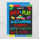 Invitation Bâtiment Blocks Garçon Jouet d'anniversaire Noir (Devant / Derrière)