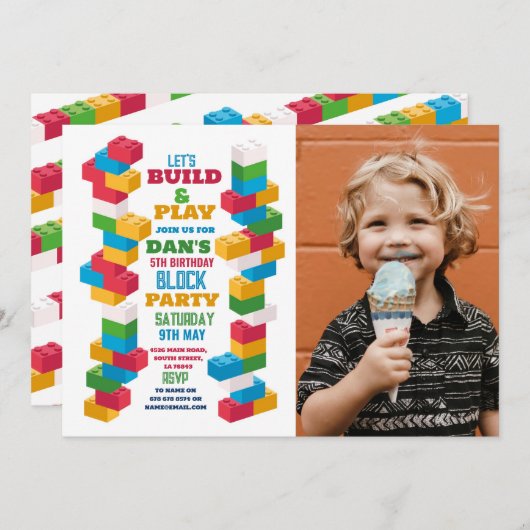Invitation Bâtiment Fête d'anniversaire Blocs de construction (Devant / Derrière)