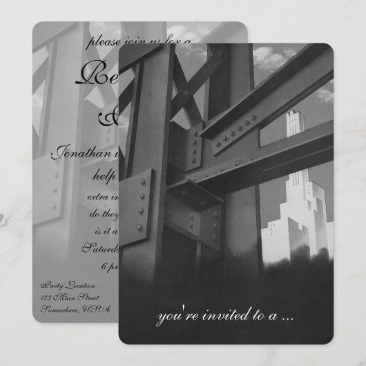 Invitation Bâtiment Skyscraper vintage, Parti de la retraite (Devant / Derrière)