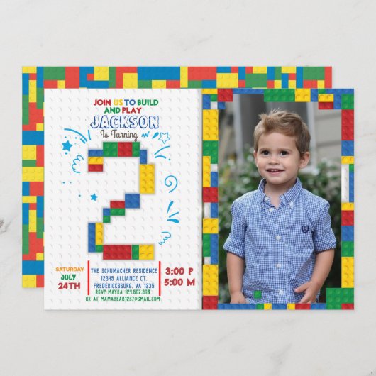 Invitation Bâtiments Blocs Anniversaire Briques 2 ans Invitat (Devant / Derrière)