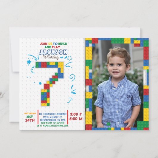 Invitation Bâtiments Blocs Anniversaire Briques 7 ans Invitat (Devant)