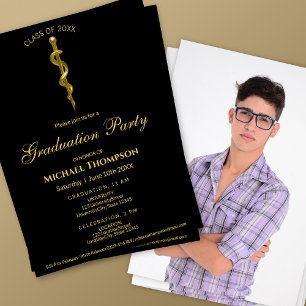 Invitation Bâton d'Asclépios Médical Or Noir Photo de remise 