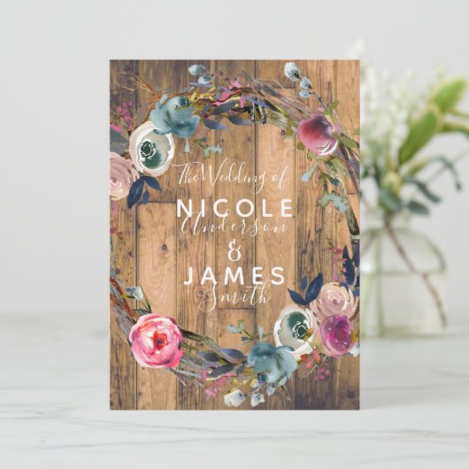 Invitation Bâtonnet en bois rustique Mariage botanique en cou (Debout devant)