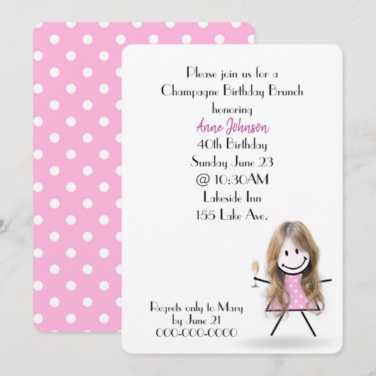 Invitation Bâtonnet Fille Champagne pour Brunch Anniversaire (Devant / Derrière)