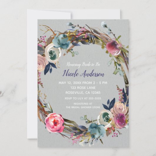 Invitation Bâtonnet rustique couronne florale Fête des mariée (Dos)