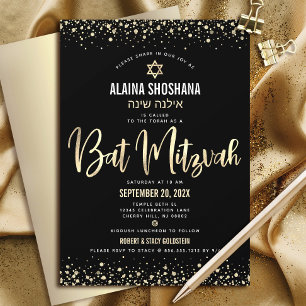 Invitation Batra Mitzvah Noir Dorure Paillettes Écriture Mode